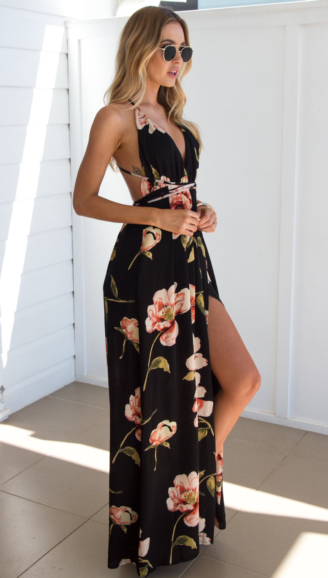 Floral Backless Slit Maxi Dress – romoti